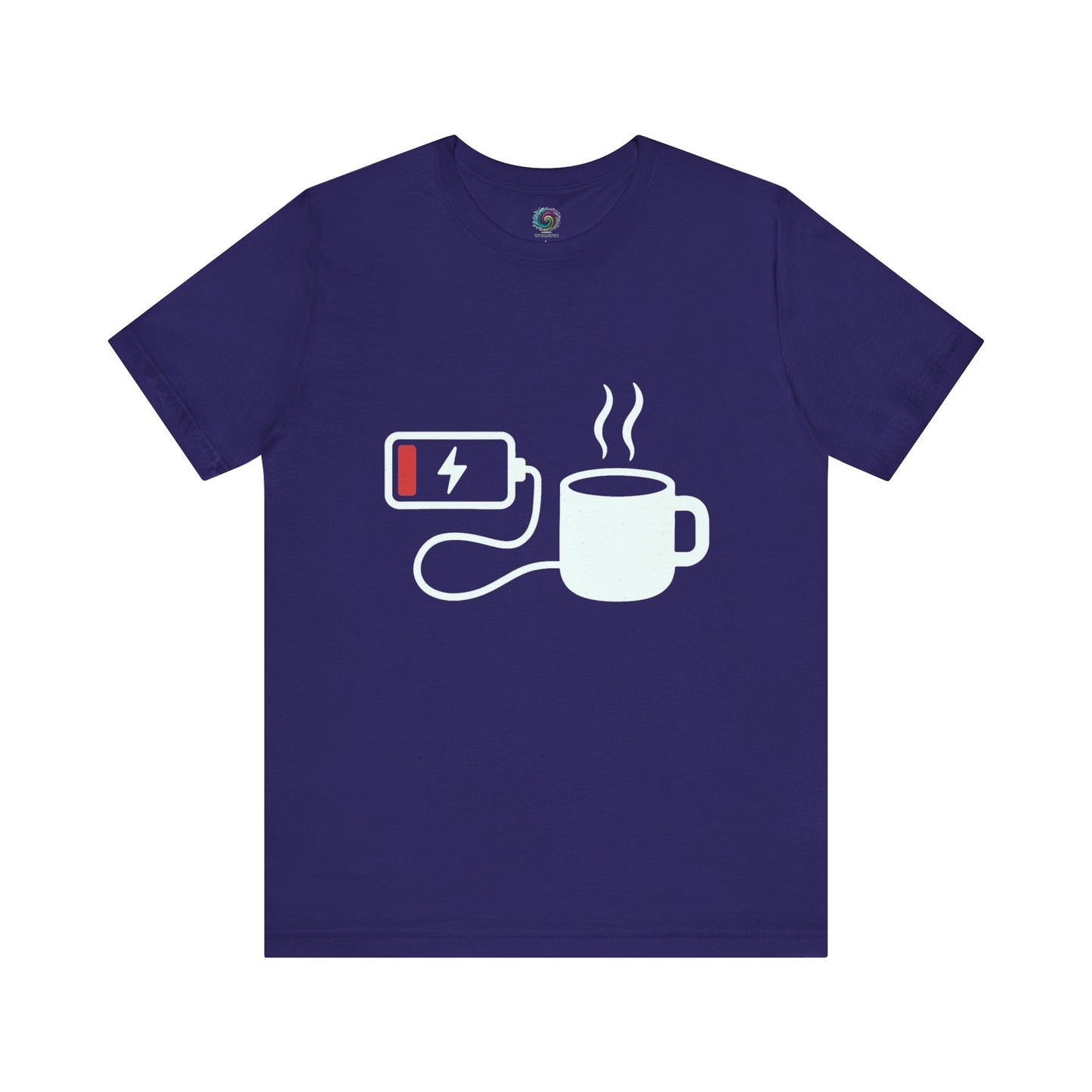 Low Battery Need Coffee T-Shirt in team navy, for fans of funny coffee shirts with relatable low-battery feels.