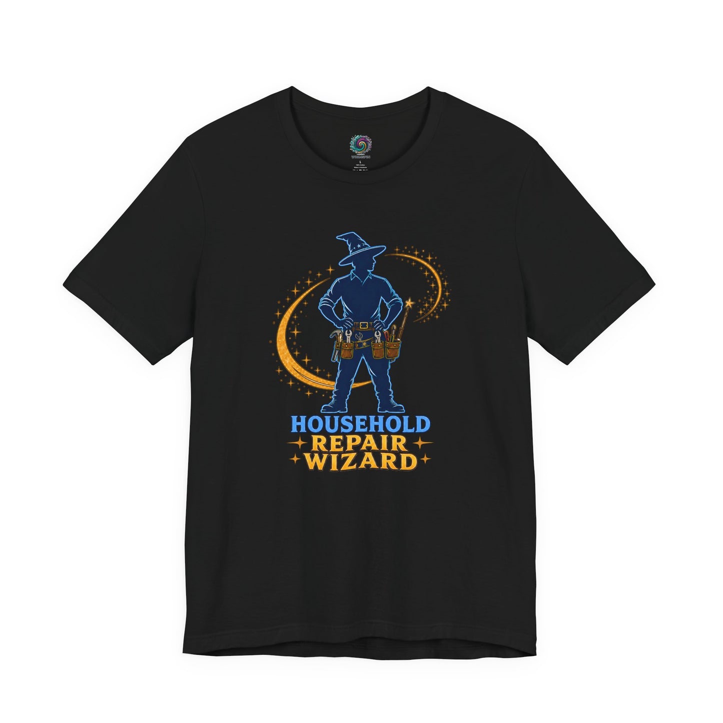 Black Household Repair Wizard T-Shirt featuring magical handyman character design with tools and fantasy wizard styling