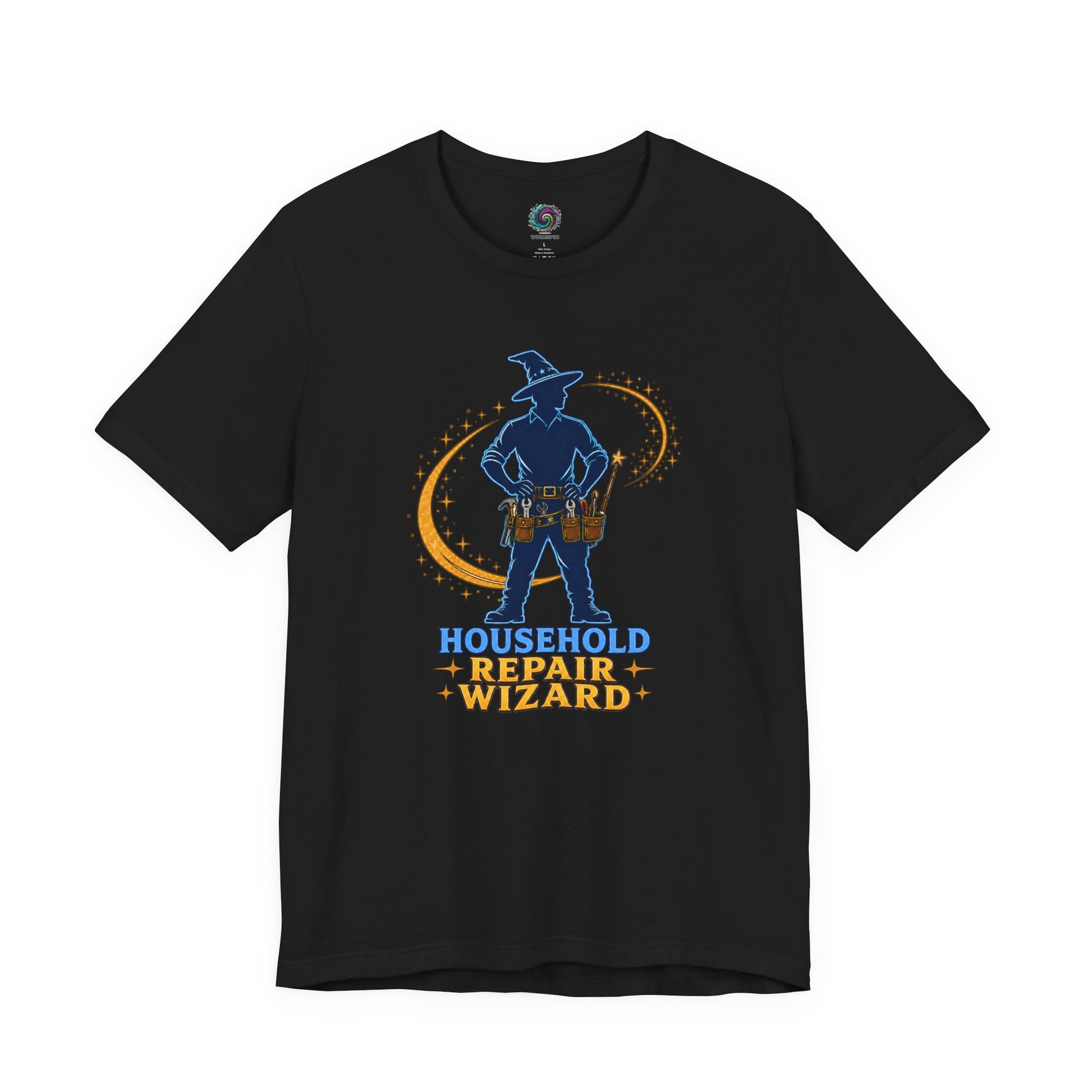 Black Household Repair Wizard T-Shirt featuring magical handyman character design with tools and fantasy wizard styling