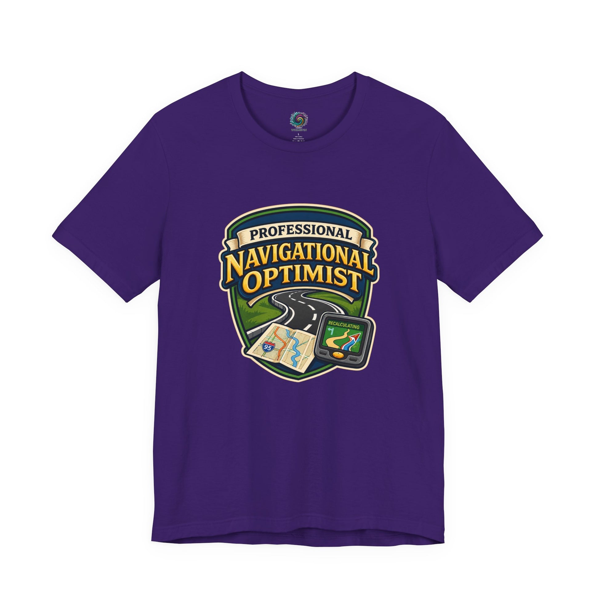 Team Purple Professional Navigation Optimist Tee with map, highway, and GPS design perfect for travel lovers