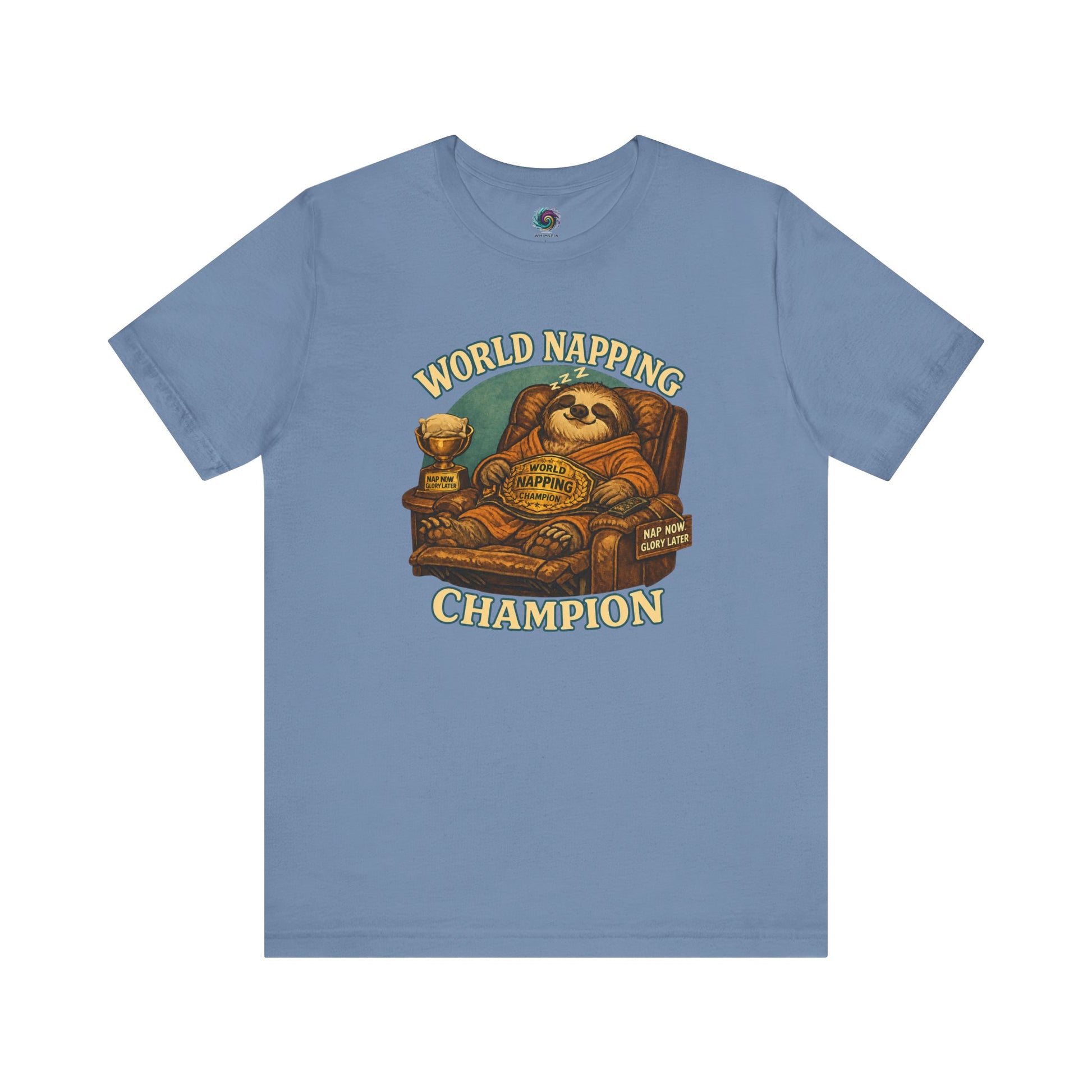 Steel Blue World Napping Champion T-Shirt showcasing a relaxed sloth in recliner with humorous nap champion design