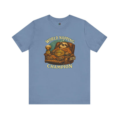 Steel Blue World Napping Champion T-Shirt showcasing a relaxed sloth in recliner with humorous nap champion design