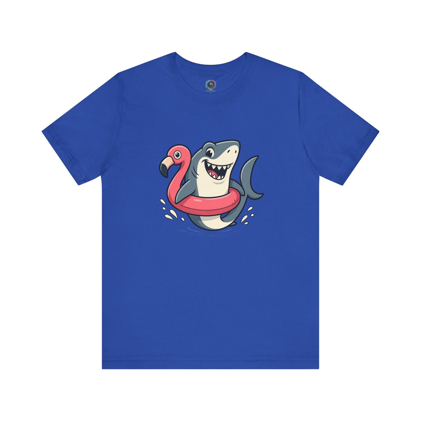 Shark Flamingo Floatie T-Shirt – Funny Beach & Pool Day Tee in true royal with summer-ready floatie shark design