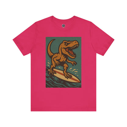 Fuschia Surfing t-rex t shirt  from WhimSpin- A rearing t Rex riding a yellow surf board on the waves