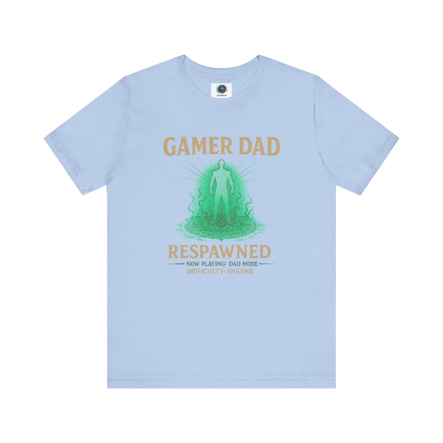 Gamer Dad Respawned T-Shirt – Funny New Dad Shirt for Gamers in baby blue, humorous gaming-themed fatherhood tee.