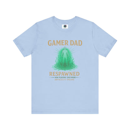 Gamer Dad Respawned T-Shirt – Funny New Dad Shirt for Gamers in baby blue, humorous gaming-themed fatherhood tee.