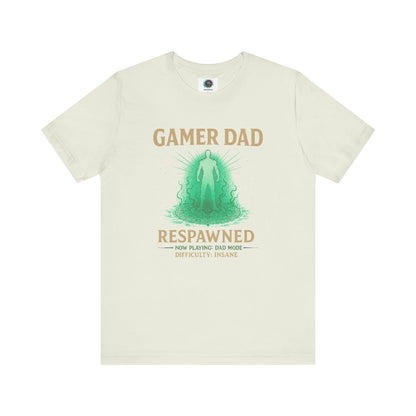Gamer Dad Respawned T-Shirt – Funny New Dad Shirt for Gamers in bold citron yellow, fun gamer-themed fatherhood shirt.