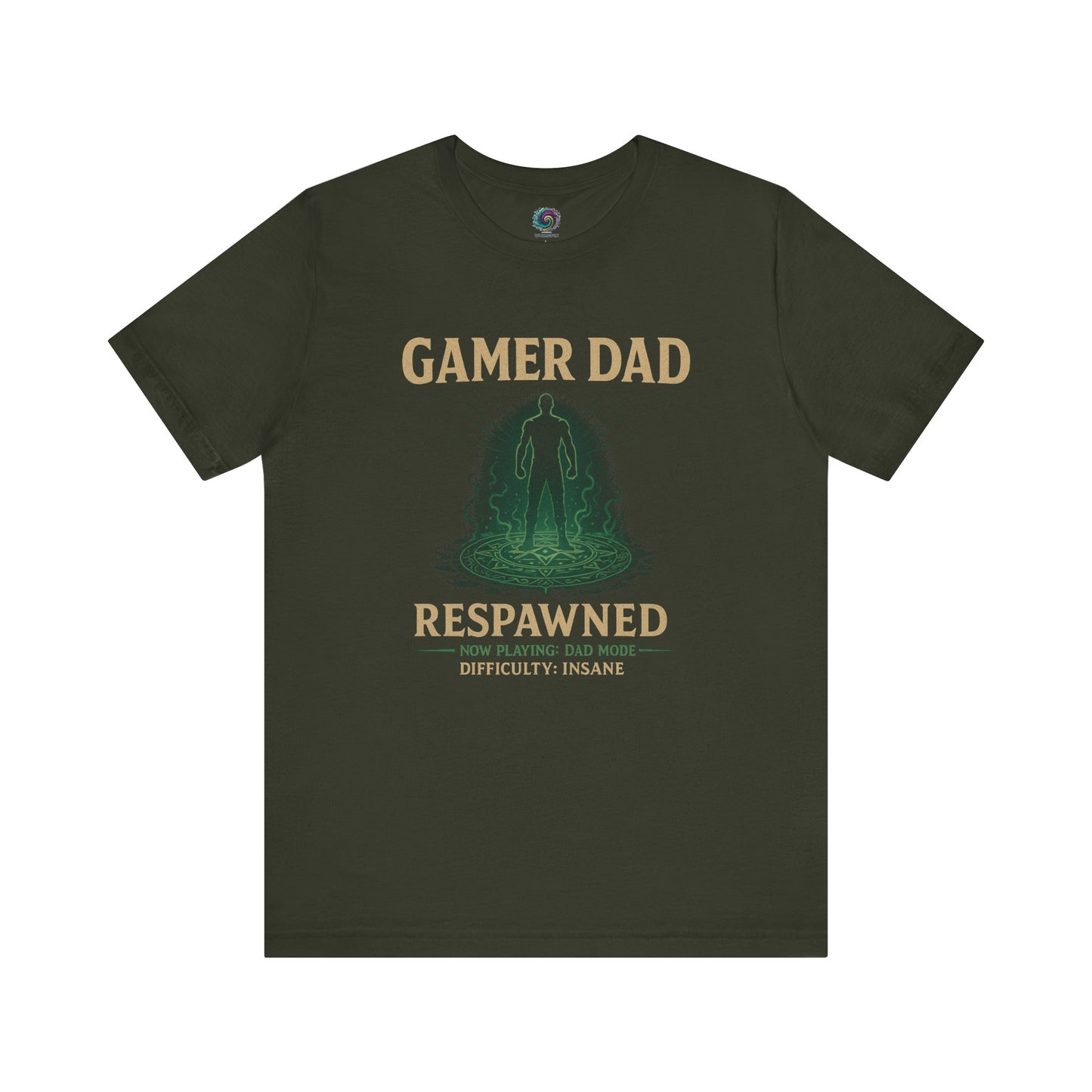 Gamer Dad Respawned T-Shirt – Funny New Dad Shirt for Gamers in dark olive green, with neon respawn graphic.