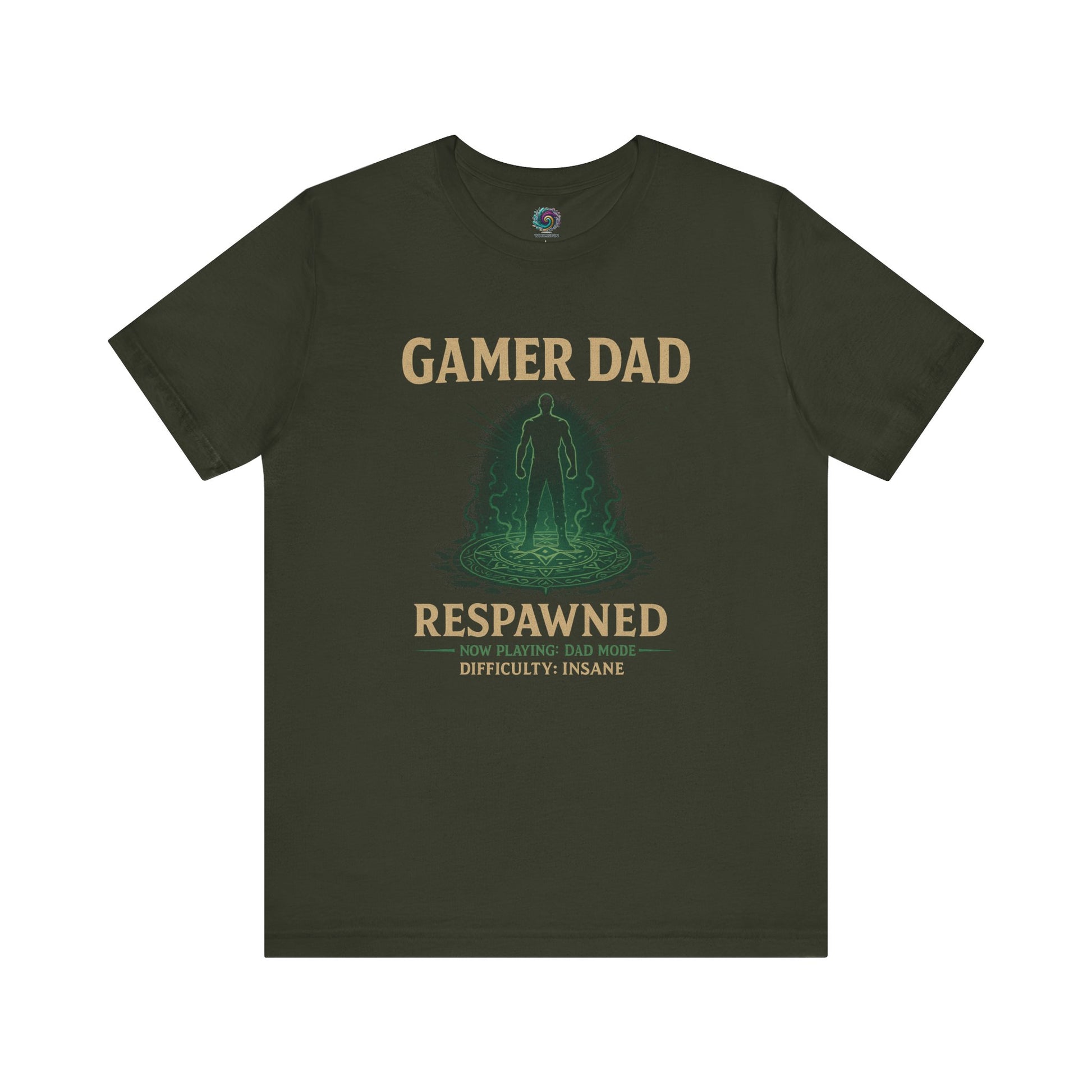 Gamer Dad Respawned T-Shirt – Funny New Dad Shirt for Gamers in dark olive green, with neon respawn graphic.