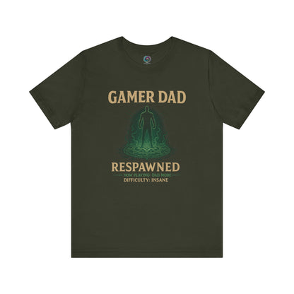 Gamer Dad Respawned T-Shirt – Funny New Dad Shirt for Gamers in dark olive green, with neon respawn graphic.