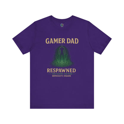 Gamer Dad Respawned T-Shirt – Funny New Dad Shirt for Gamers in team purple, perfect gift for gamer dads.