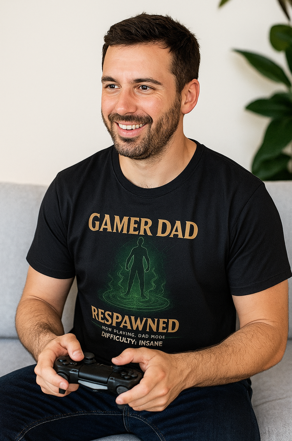 Gamer Dad Respawned T-Shirt – Funny New Dad Shirt for Gamers in black, shown on smiling man holding game controller on couch.