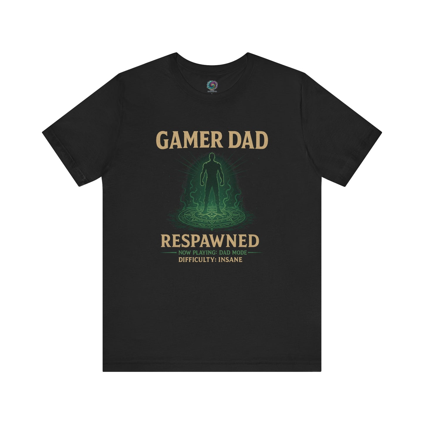 Gamer Dad Respawned T-Shirt – Funny New Dad Shirt for Gamers in classic black with glowing green silhouette design.