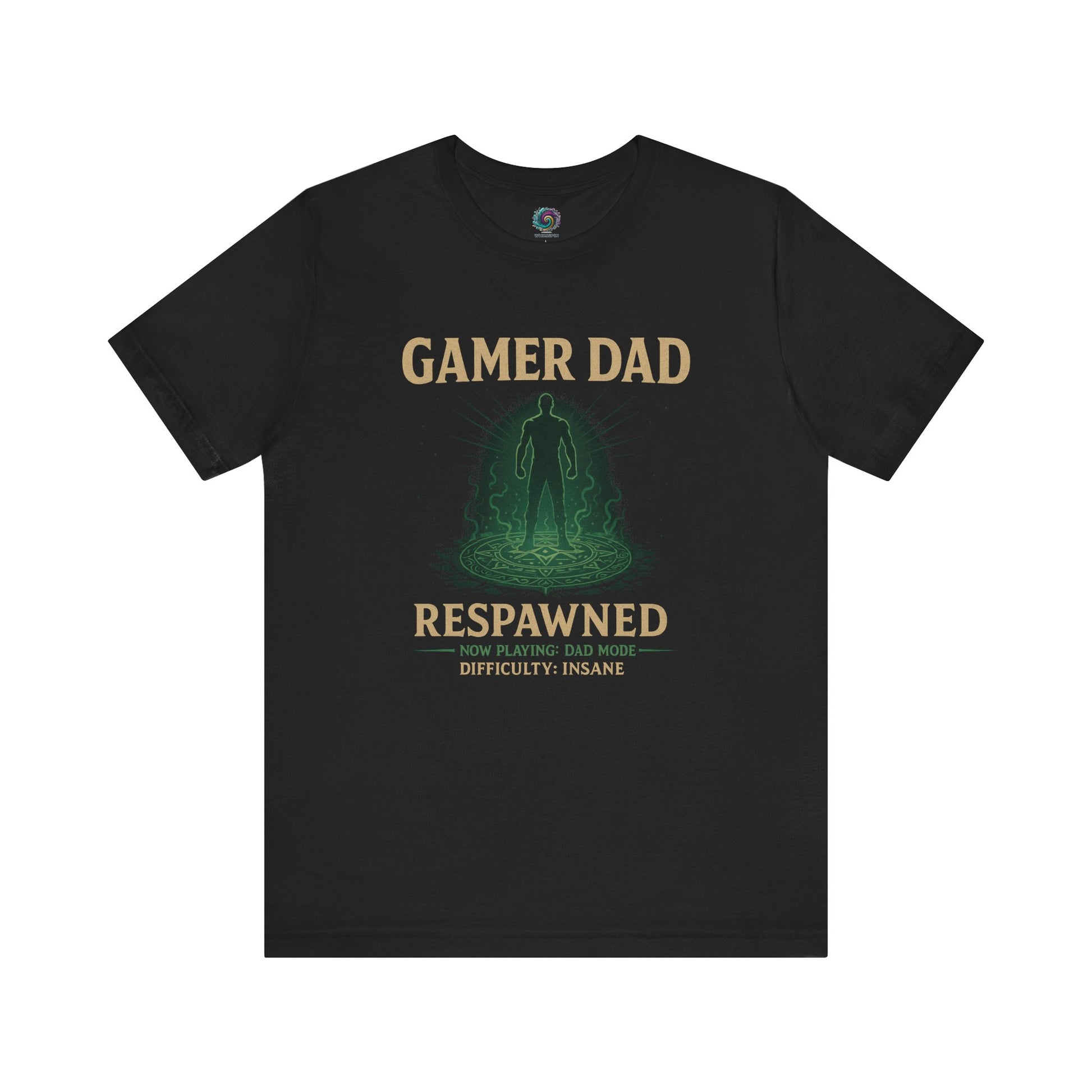 Gamer Dad Respawned T-Shirt – Funny New Dad Shirt for Gamers in classic black with glowing green silhouette design.