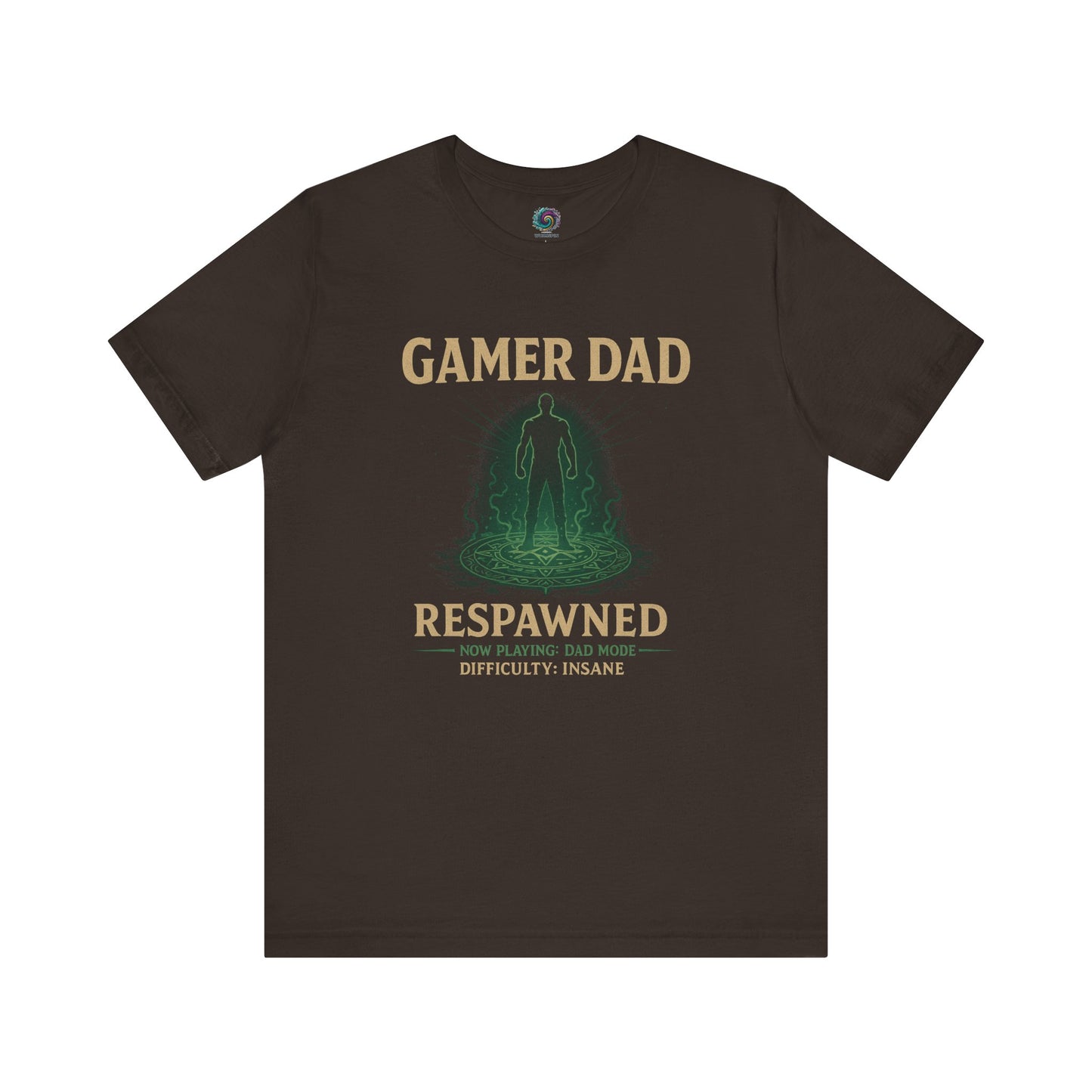 Gamer Dad Respawned T-Shirt – Funny New Dad Shirt for Gamers in rich brown, gaming-inspired baby gift for fathers.