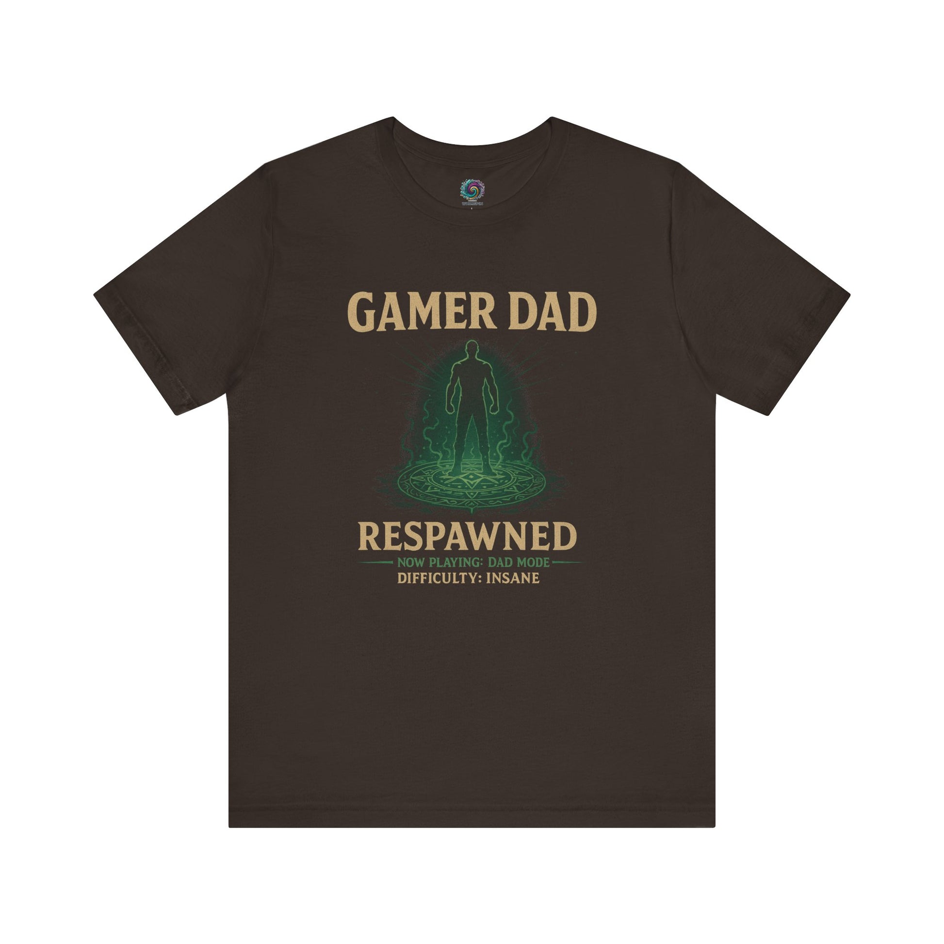 Gamer Dad Respawned T-Shirt – Funny New Dad Shirt for Gamers in rich brown, gaming-inspired baby gift for fathers.