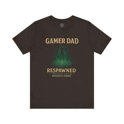 Gamer Dad Respawned T-Shirt – Funny New Dad Shirt for Gamers in rich brown, gaming-inspired baby gift for fathers.