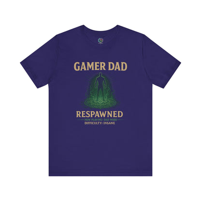 Gamer Dad Respawned T-Shirt – Funny New Dad Shirt for Gamers in team navy blue, ideal gift for gamer parents.