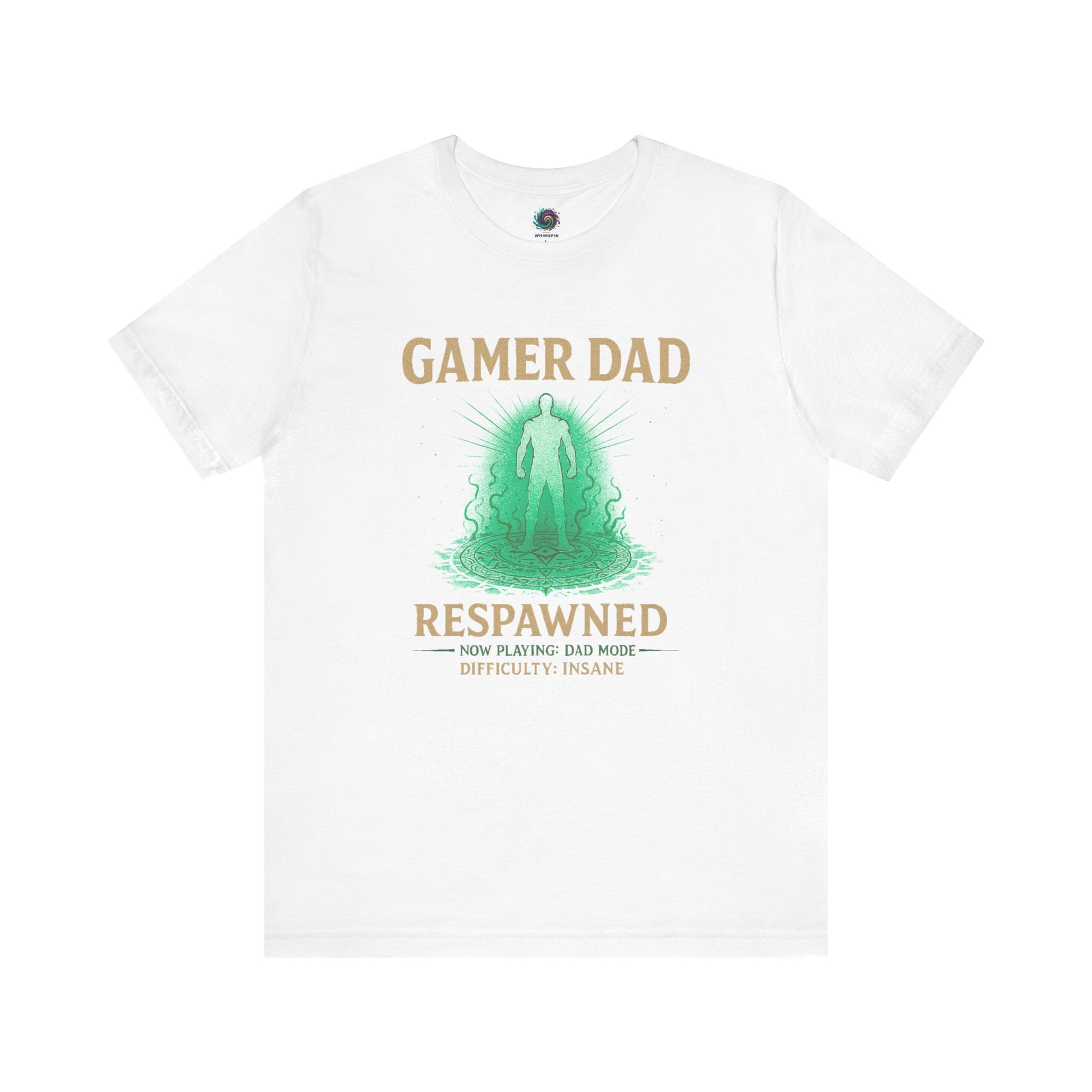 Gamer Dad Respawned T-Shirt – Funny New Dad Shirt for Gamers in white, features “Difficulty: Insane” message for new fathers.