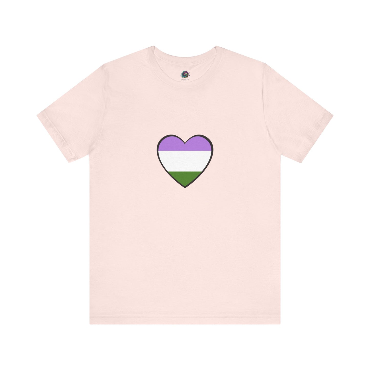 Genderqueer Flag Heart T-Shirt – Unisex LGBTQ+ Graphic Tee in soft pink with genderqueer heart, perfect for celebrating LGBTQIA+ identity with a touch of softness.