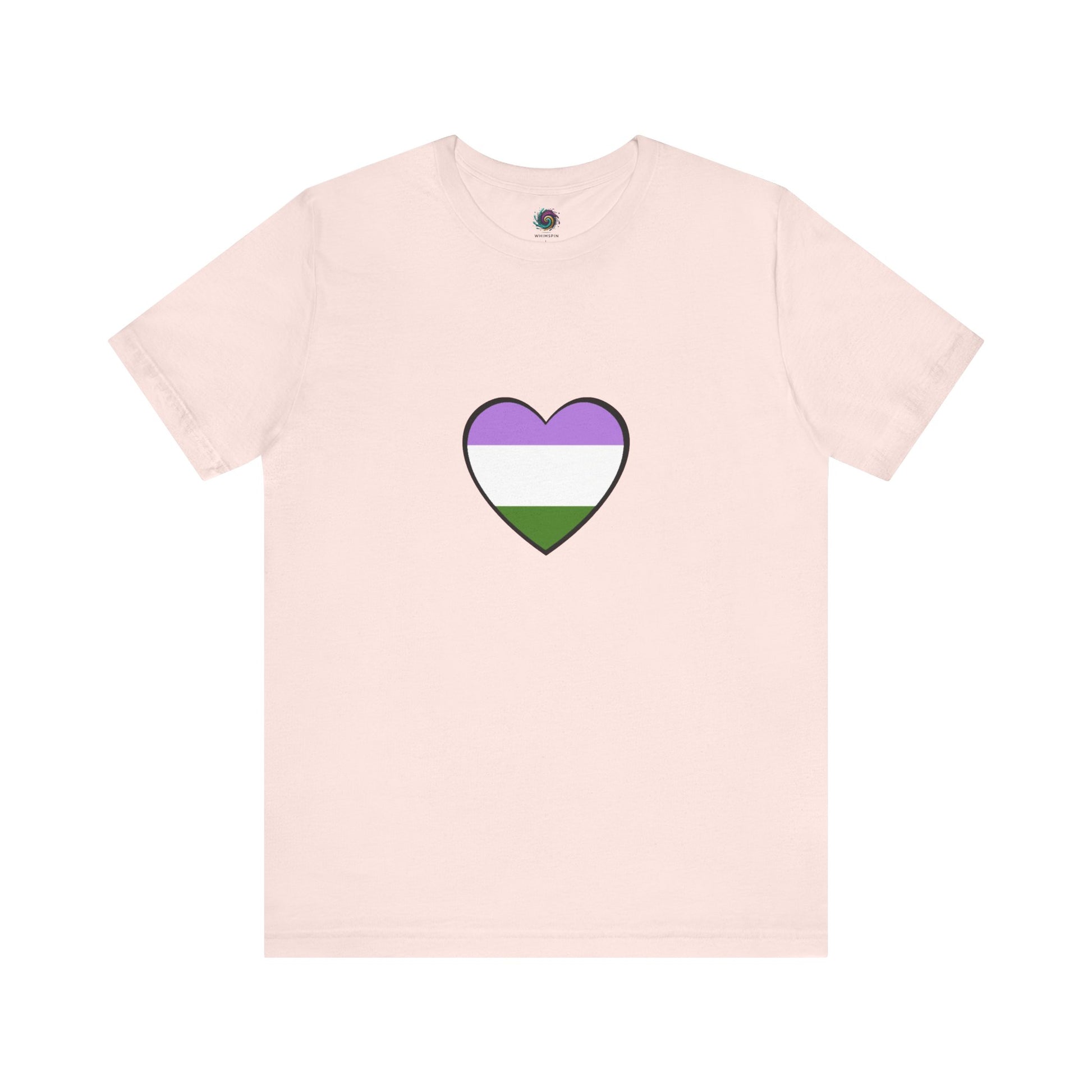 Genderqueer Flag Heart T-Shirt – Unisex LGBTQ+ Graphic Tee in soft pink with genderqueer heart, perfect for celebrating LGBTQIA+ identity with a touch of softness.