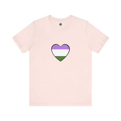 Genderqueer Flag Heart T-Shirt – Unisex LGBTQ+ Graphic Tee in soft pink with genderqueer heart, perfect for celebrating LGBTQIA+ identity with a touch of softness.