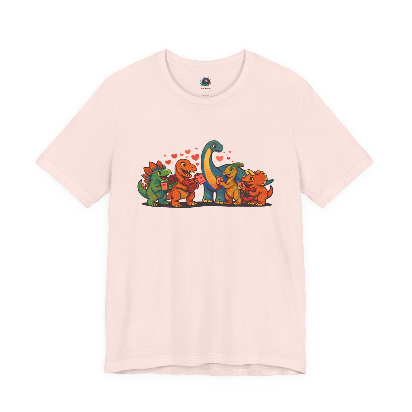 Dinosaur Valentines T-Shirt – Cute Dino Valentine’s Day Tee in Soft Pink featuring friendly dinosaurs and hearts in a subtle dinosaur valentines colorway