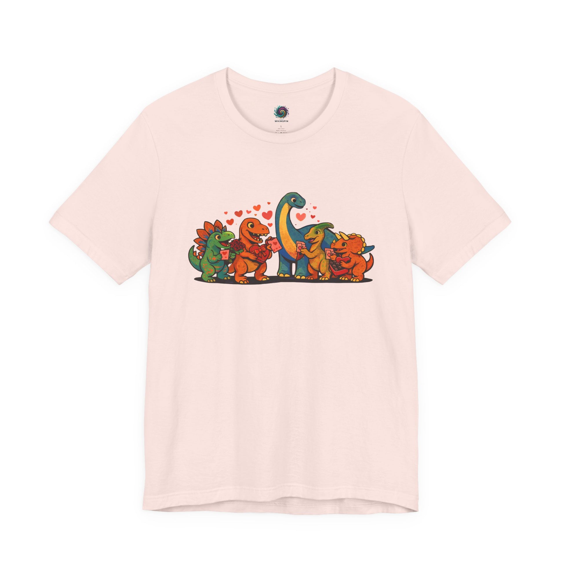 Dinosaur Valentines T-Shirt – Cute Dino Valentine’s Day Tee in Soft Pink featuring friendly dinosaurs and hearts in a subtle dinosaur valentines colorway