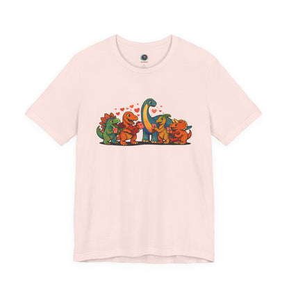 Dinosaur Valentines T-Shirt – Cute Dino Valentine’s Day Tee in Soft Pink featuring friendly dinosaurs and hearts in a subtle dinosaur valentines colorway