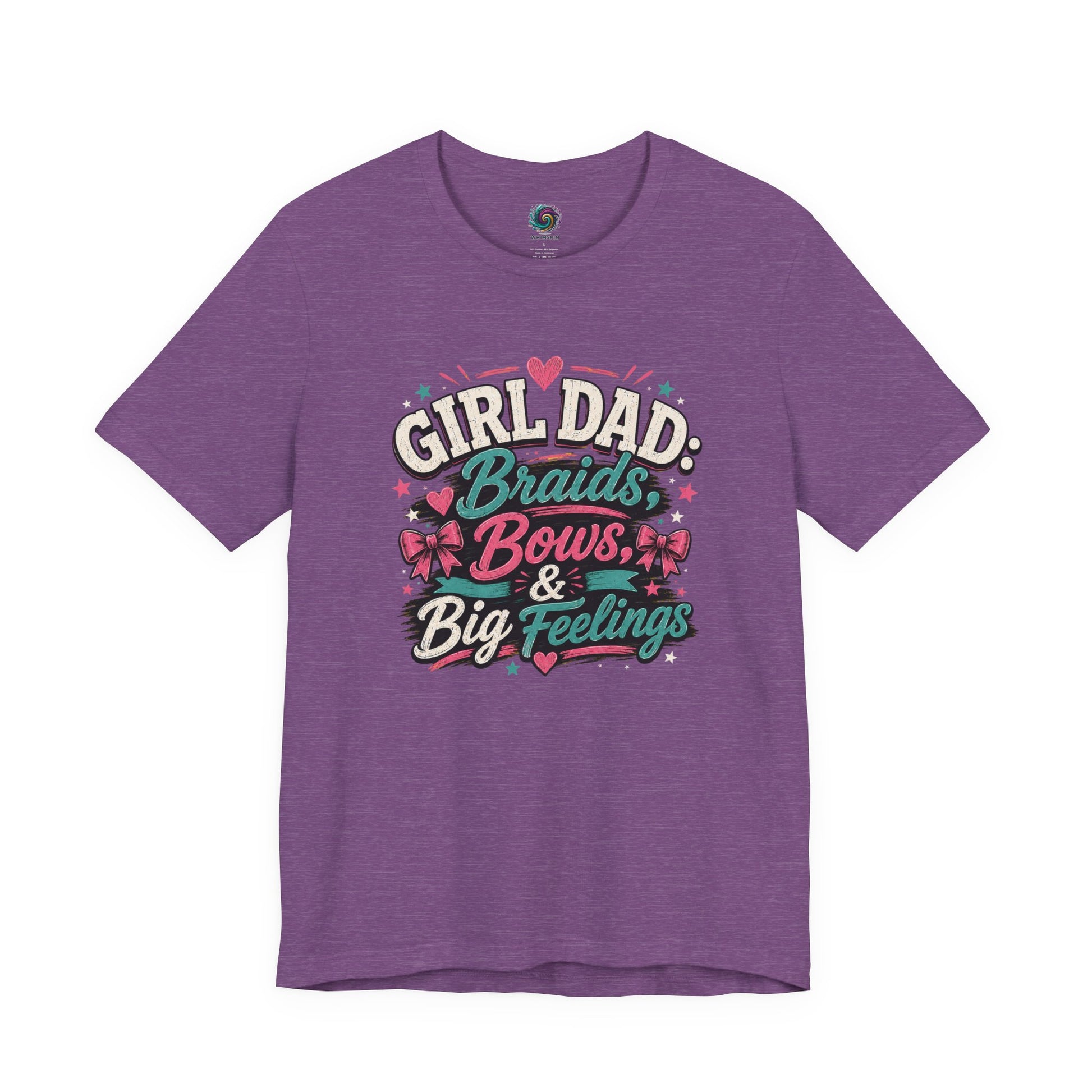 Girl Dad T-Shirt – Braids, Bows & Big Feelings Dad Tee on heather team purple for the dad who knows every snack, stuffed animal, and rescue plan.