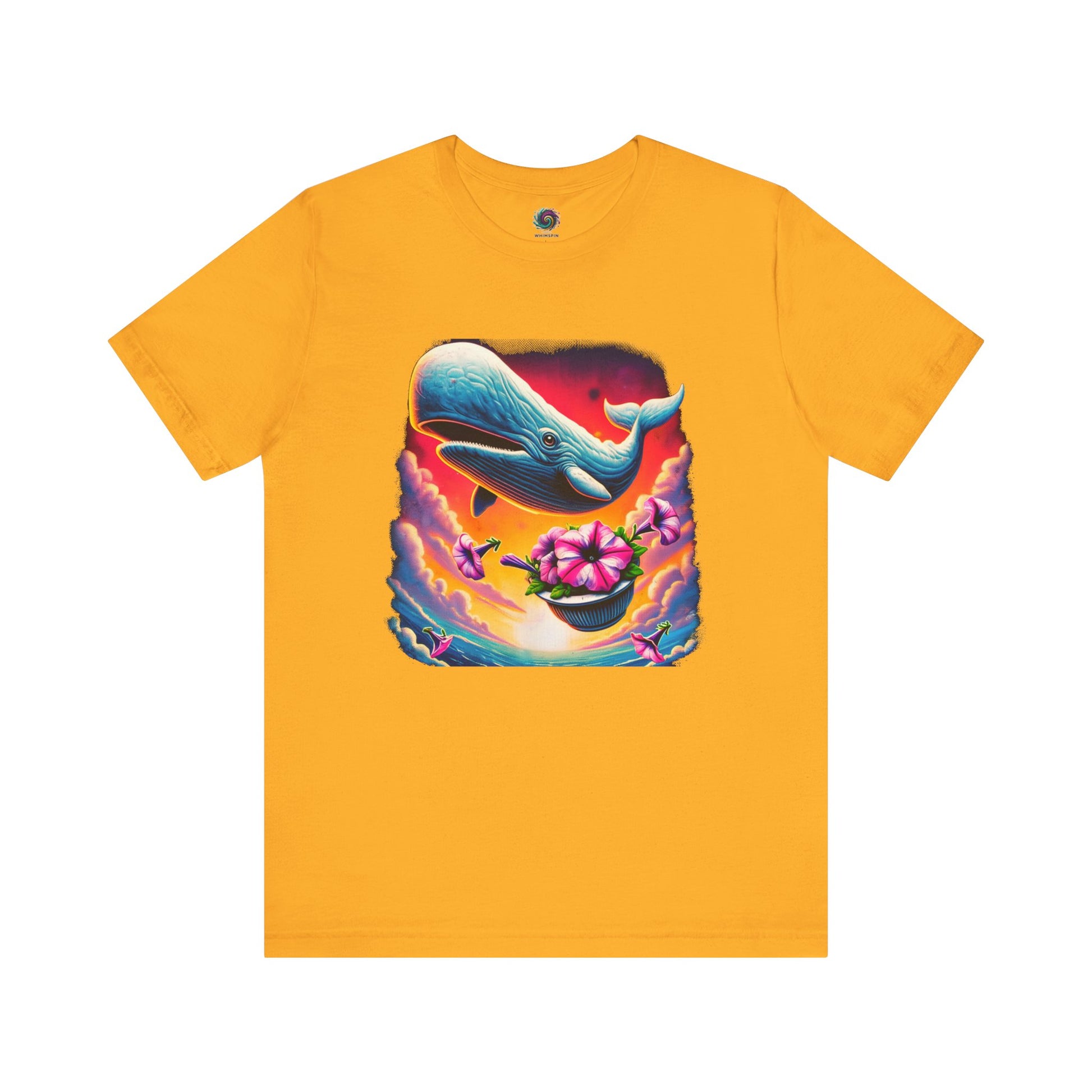 Oh No Not Again Petunias and Whale Tee – hitchhikers guide oh no not again shirt in gold, vibrant graphic for cult classic fans
