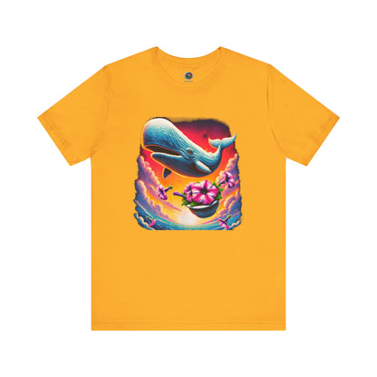 Oh No Not Again Petunias and Whale Tee – hitchhikers guide oh no not again shirt in gold, vibrant graphic for cult classic fans