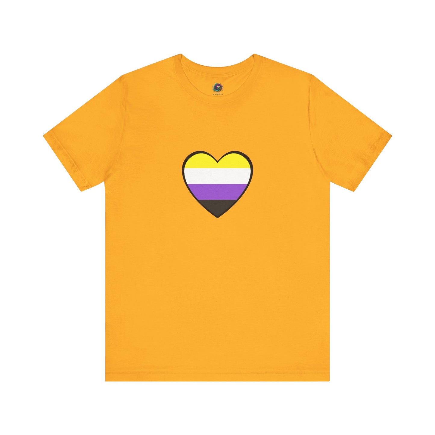 Nonbinary Pride Flag Heart T-Shirt – LGBTQ+ Nonbinary Flag Graphic Tee in gold with vivid nonbinary heart emblem, striking for queer fashion and visibility.