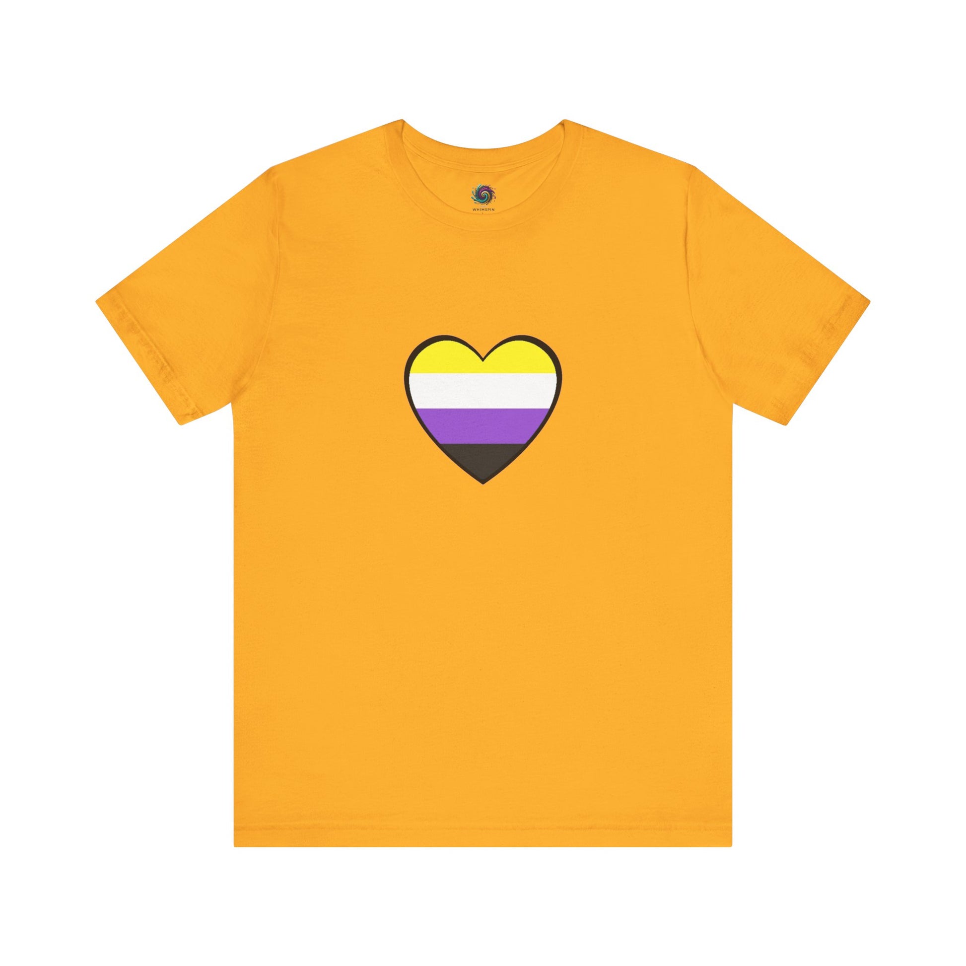 Nonbinary Pride Flag Heart T-Shirt – LGBTQ+ Nonbinary Flag Graphic Tee in gold with vivid nonbinary heart emblem, striking for queer fashion and visibility.
