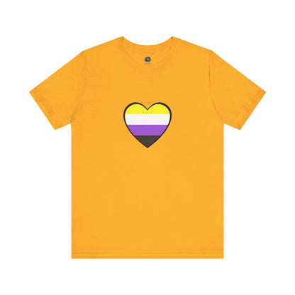 Nonbinary Pride Flag Heart T-Shirt – LGBTQ+ Nonbinary Flag Graphic Tee in gold with vivid nonbinary heart emblem, striking for queer fashion and visibility.