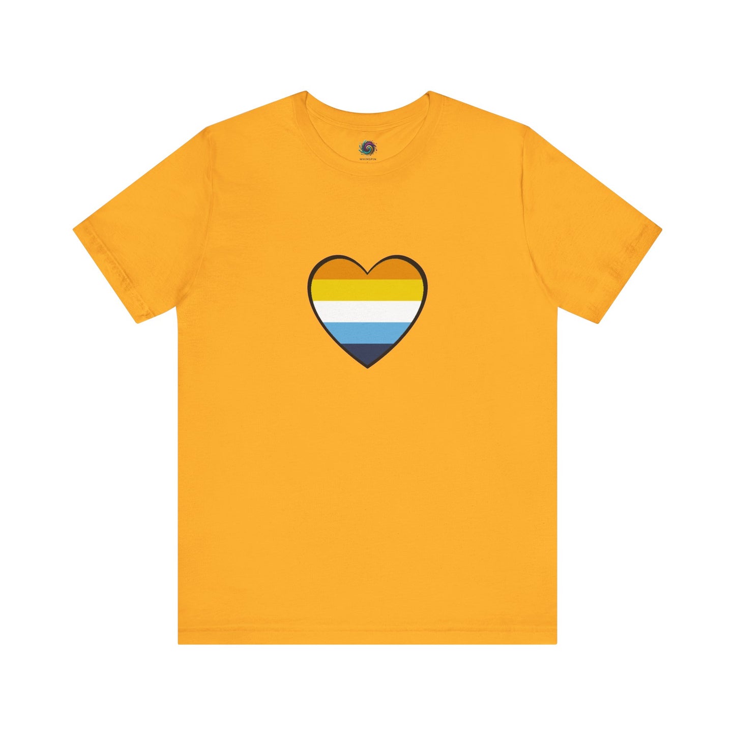 Gold/yellow AroAce Flag Heart T-shirt from WhimSpin. The shirt is gold/yellow with a heart drawn in the center made up of dark orange, light orange, white, turquoise, and navy blue stripes.