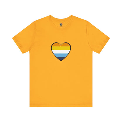 Gold/yellow AroAce Flag Heart T-shirt from WhimSpin. The shirt is gold/yellow with a heart drawn in the center made up of dark orange, light orange, white, turquoise, and navy blue stripes.