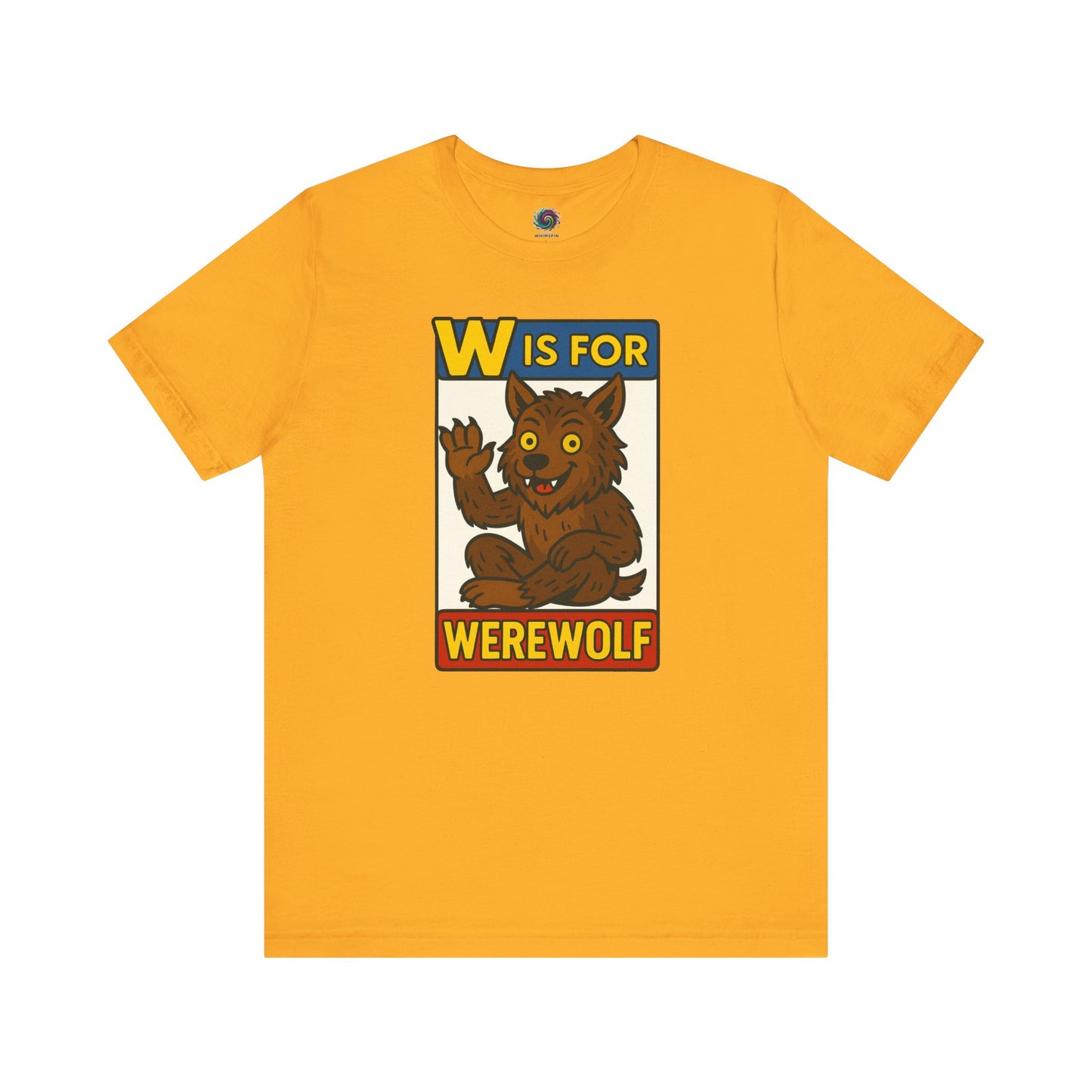 W is for Werewolf T-Shirt in gold, highlighting a whimsical monster design perfect for Halloween