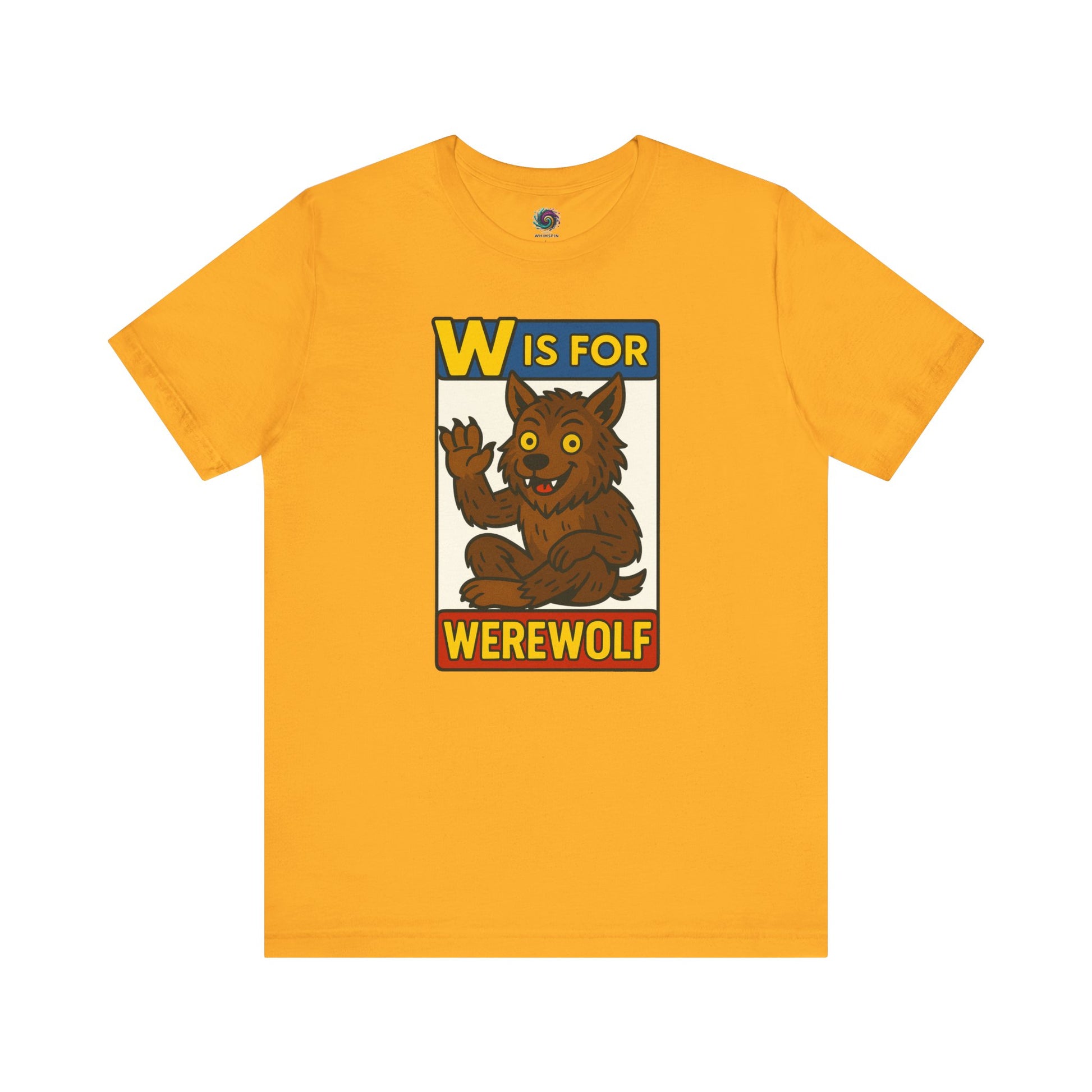 W is for Werewolf T-Shirt in gold, highlighting a whimsical monster design perfect for Halloween