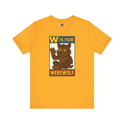 W is for Werewolf T-Shirt in gold, highlighting a whimsical monster design perfect for Halloween