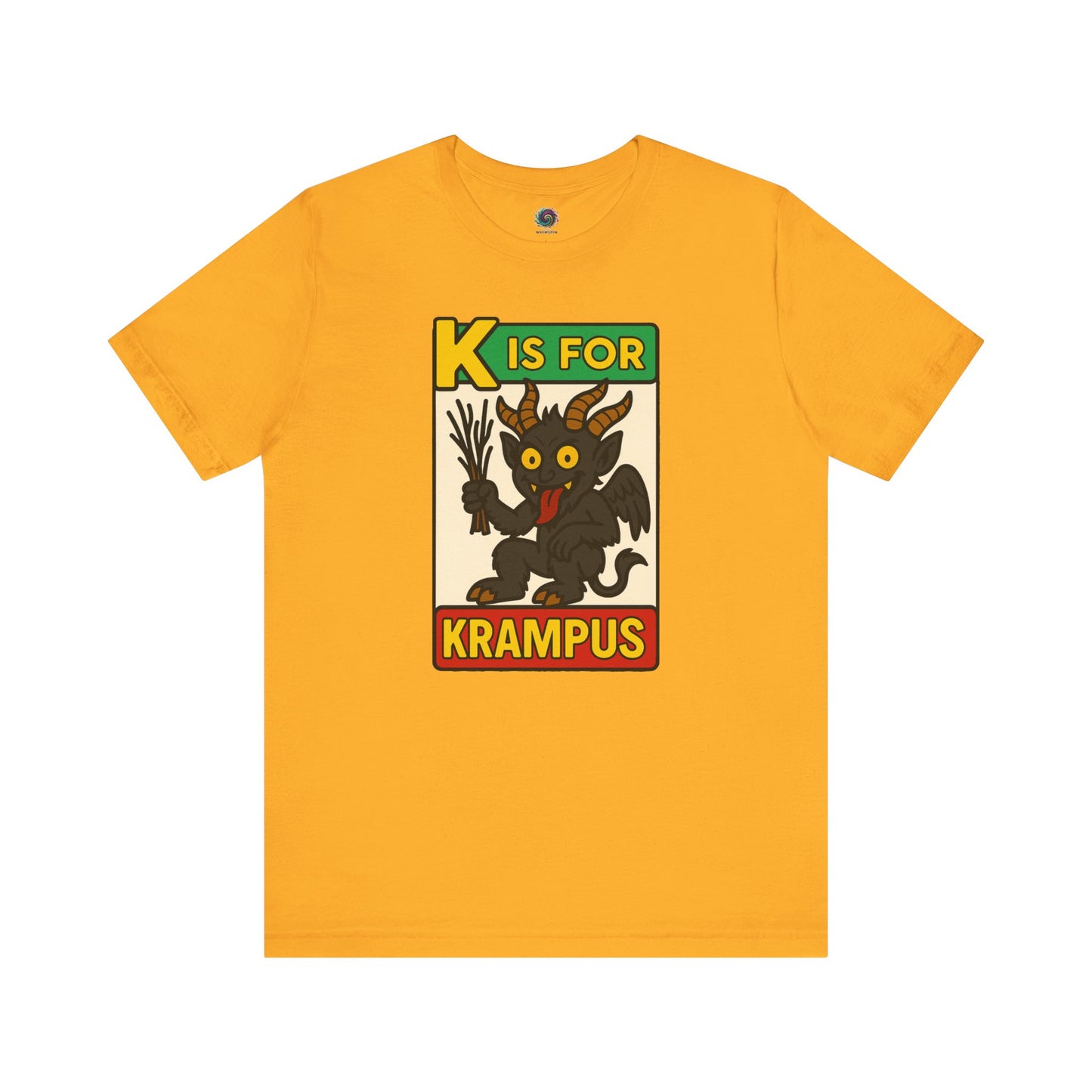 K is for Krampus Alphabet Holiday Graphic T-Shirt in Gold flat lay featuring retro-style Christmas devil art