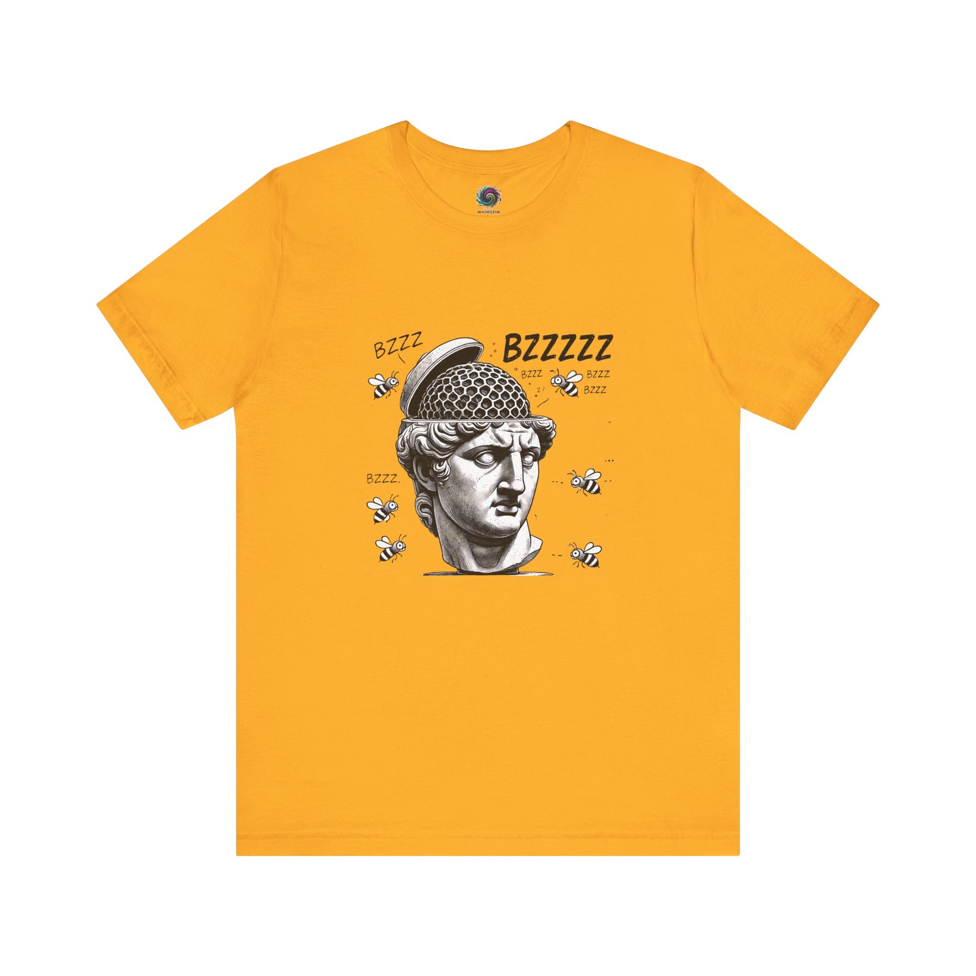 Hive Mind T-Shirt – Surreal Bee Group Think Parody Tee flat lay in Gold