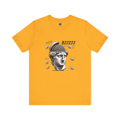 Hive Mind T-Shirt – Surreal Bee Group Think Parody Tee flat lay in Gold