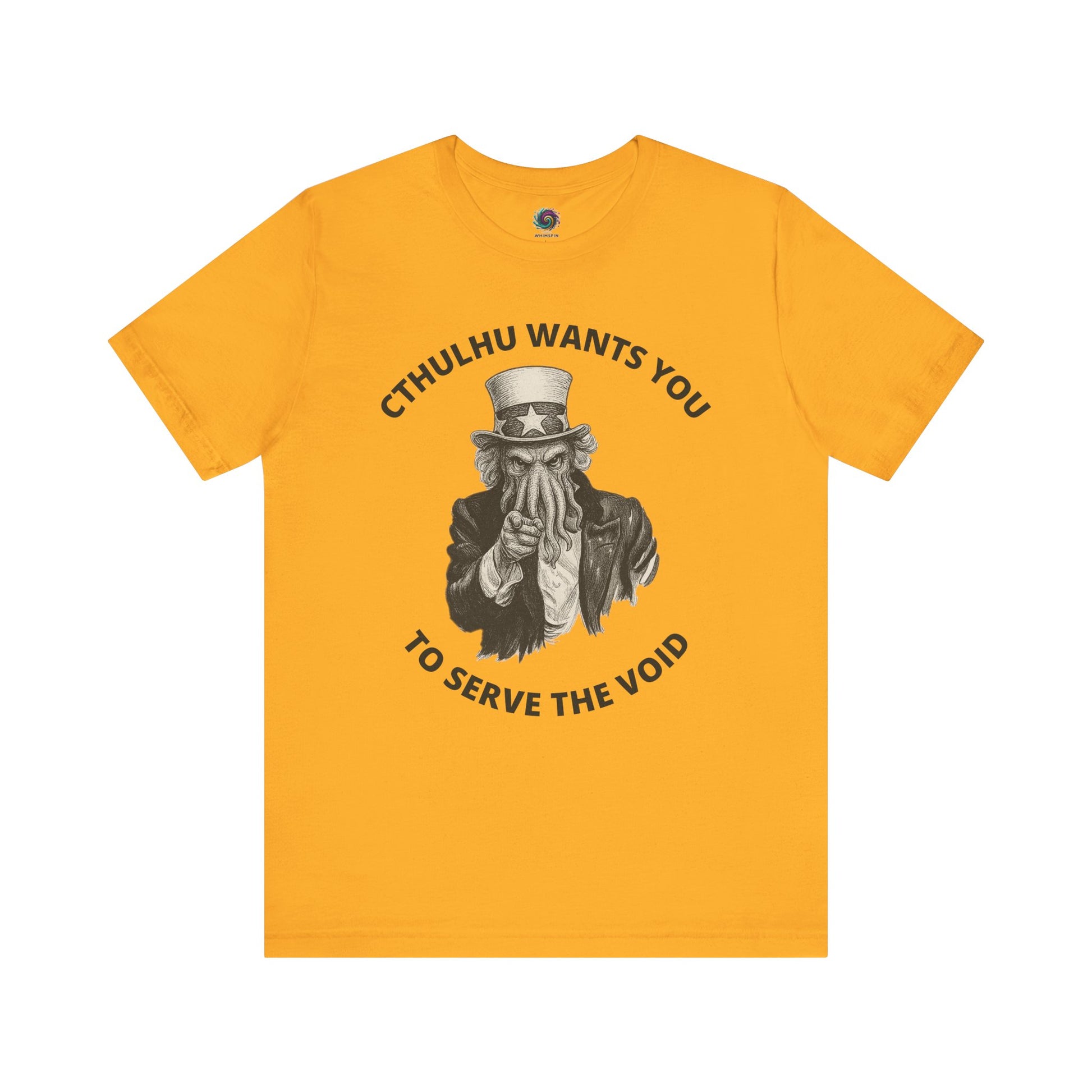 Cthulhu Wants You T-Shirt – Mythos Horror Tee for Lovecraft Fans in gold with a vintage-style Cthulhu Uncle Sam graphic urging service to the void.