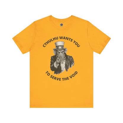 Cthulhu Wants You T-Shirt – Mythos Horror Tee for Lovecraft Fans in gold with a vintage-style Cthulhu Uncle Sam graphic urging service to the void.