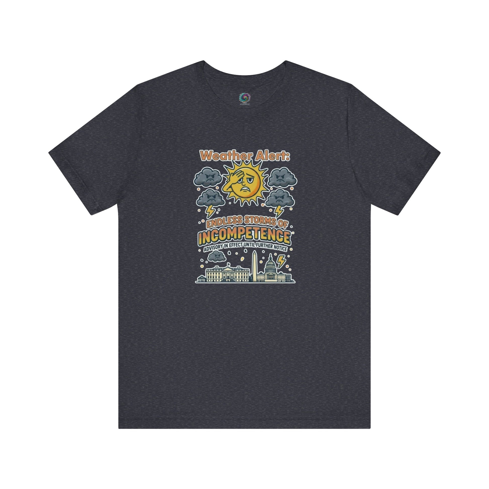 Weather Alert: Endless Storms of Incompetence Political Satire T-Shirt in heather navy. Funny protest shirt with parody weather alert targeting incompetence.