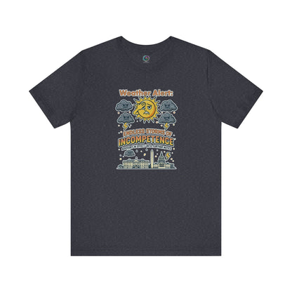 Weather Alert: Endless Storms of Incompetence Political Satire T-Shirt in heather navy. Funny protest shirt with parody weather alert targeting incompetence.