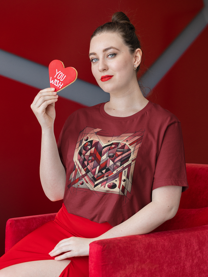 Cubist Heart T-Shirt – Modern Art Valentine's Day Graphic Tee presented on a seated model, highlighting a cubism valentine's heart design inspired by Picasso-era modern art.