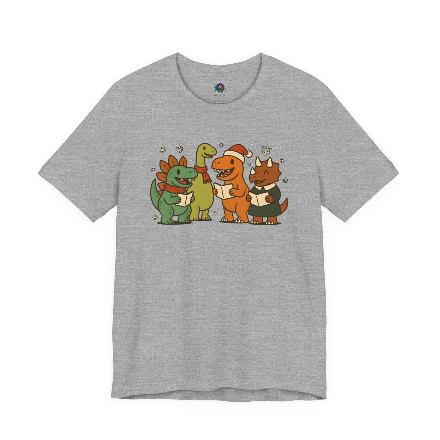 Dinosaur Carolers T-Shirt – Cute Dino Christmas Singing Tee in athletic heather with happy dinosaurs singing Christmas songs