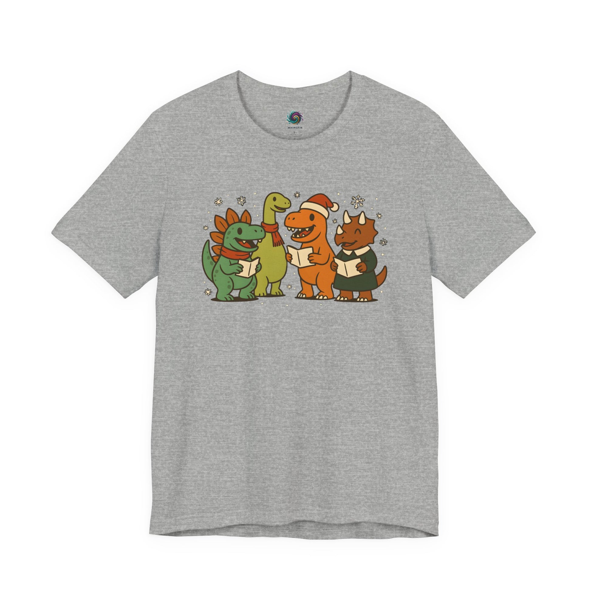 Dinosaur Carolers T-Shirt – Cute Dino Christmas Singing Tee in athletic heather with happy dinosaurs singing Christmas songs